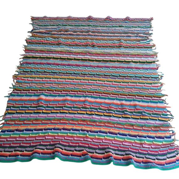 1980's Crochet Afghan Blanket Retro Rainbow Throw Fringe Ends Upcycled 67" x 52" - Picture 12 of 14